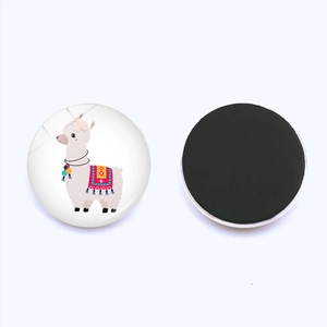 Detailed front and back view of a round alpaca fridge magnet with a soft magnetic base