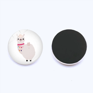 Front and back view of a 25mm round llama crystal glass fridge magnet with magnetic backing