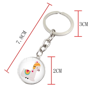 Cute alpaca keychain pendant with cartoon animal glass cabochon in silver metal frame