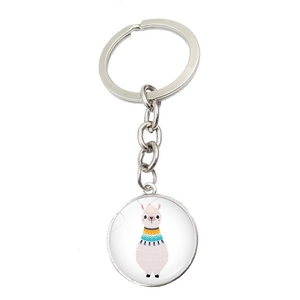 Detailed view of round alloy keychain featuring a cute colorful cartoon llama pendant