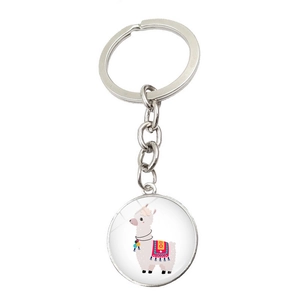 Cute llama keychain with silver round pendant and colorful cartoon alpaca illustration