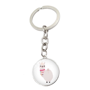 Cute alpaca cartoon pendant keychain with silver alloy ring on white background