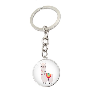 Close-up of silver metal keychain featuring a cute colorful cartoon alpaca glass pendant