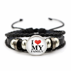 Mehrlagiges Geflochtenes Lederarmband Legierung Glas I Love My Family Herz Charm Verstellbar Punk Schmuck Unisex