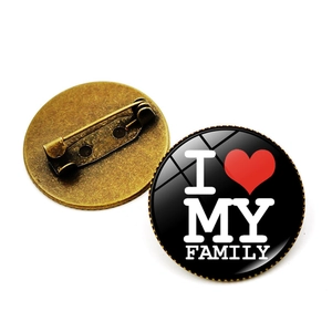 Round I Love My Family enamel pin badge with heart design and metal safety pin back