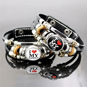 Mehrlagiges Geflochtenes Armband Kunstleder Legierung Glas Holz I Love My Family Retro Punk Unisex Modeschmuck Verstellbar