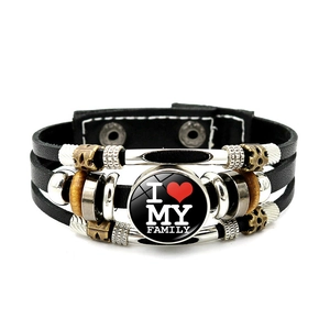Dreilagiges Retro-Lederarmband mit 'I Love My Family' Glas-Cabochon und Metall-Druckknopf