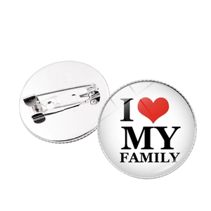 I Love My Family heart pin badge set with glass dome and metal back on white background