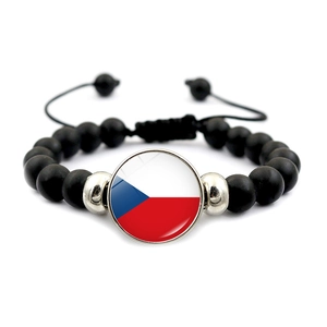 Pulsera ajustable de cuentas con cúpula de vidrio bandera checa y perlas negras mates