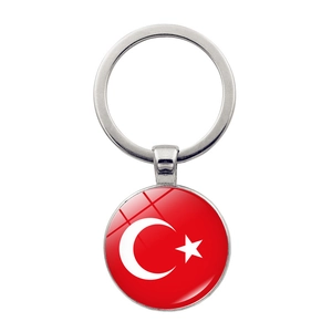 Detailed close-up of Turkey flag keychain pendant with polished silver ring and glass finish