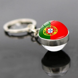 Detailed view of Portugal flag spherical keychain with polished silver metal ring