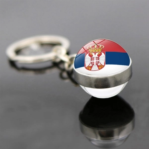 Double-sided glass ball keychain with Serbia flag and emblem for football fans