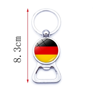 Macro detail of 8.3cm German flag bottle opener keychain made of polished silver metal