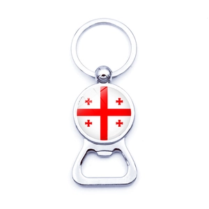 Detailed view of a metal bottle opener keychain featuring the national flag of Georgia