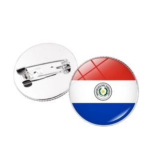 Detailed close-up showing the front and back of the Paraguay flag metal badge with safety pin