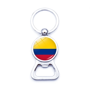 Detail of Colombia flag bottle opener keychain with glossy resin dome and silver metal frame