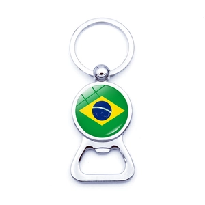 Metal bottle opener keychain featuring Brazil flag design on white background