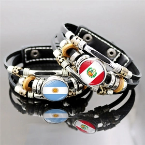Retro multi-layer leather bracelets with Argentina and Peru flags for soccer fans