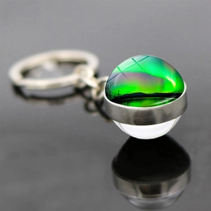 Porte-clés Esthétique Boule de Verre Double Face Aurore Boréale Alliage de Zinc Paysage Pendentif Anneau de Clé Cadeau Bijoux