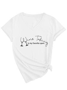 Detail of white V-neck T-shirt featuring Wine Tasting is my favorite sport printed slogan
