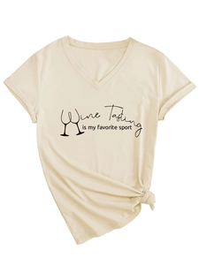 Detail of beige V-neck t-shirt with Wine Tasting slogan and stylish side knot design