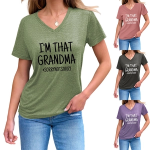 Detail of V-neck cotton T-shirt featuring I'M THAT GRANDMA print in multiple colors