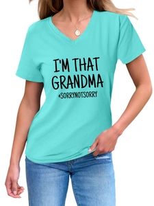 Detail of I'M THAT GRANDMA graphic print on a teal V-neck short sleeve T-shirt for women