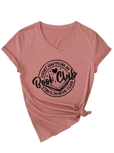 T-shirt col en V en coton avec imprimé club de lecture et détail de nœud sur le côté