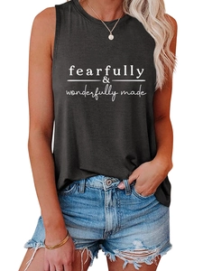 Close-up of charcoal gray tank top featuring white fearfully wonderfully made text print