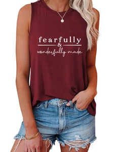 Detail of fearfully & wonderfully made print on a burgundy sleeveless tank top