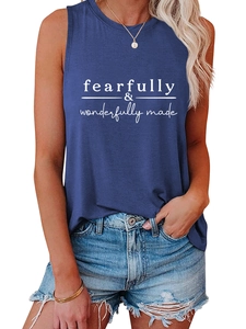 Detail of navy blue tank top with white fearfully & wonderfully made print design