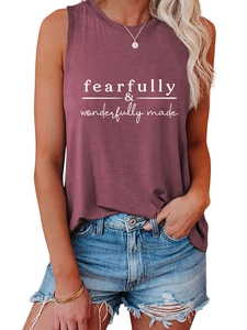 Detail of the fearfully wonderfully made print on a mauve sleeveless summer tank top