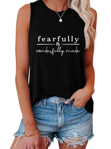 Detail of fearfully wonderfully made print on black sleeveless tank top for women