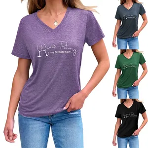 Women's V-Neck Short Sleeve T-Shirt Casual Cotton Blend Wine Tasting Print Top Graphic Tee Summer Fashion Clothing