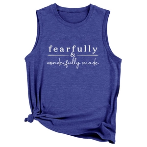 Close-up of royal blue tank top featuring fearfully wonderfully made text and hem knot