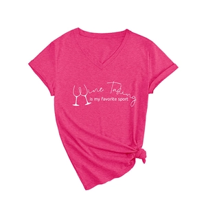 Women's V-neck t-shirt in rose red with Wine Tasting text and knotted waist hem
