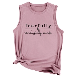 Detail of dusty pink sleeveless tank top with front knot and black graphic text