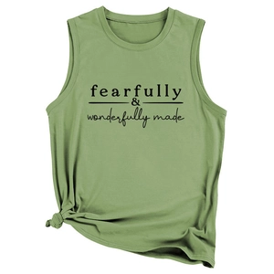 Detail of green tank top with fearfully wonderfully made text and side knot design