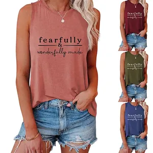 Women Tank Top Fearfully Wonderfully Made Slogan Print Round Neck Sleeveless Cotton Blend Casual Summer Top Vest