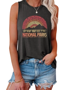 Close-up of the National Parks vintage rainbow print on a gray cotton tank top