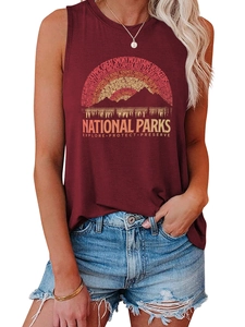 Detail of the National Parks graphic print on a maroon sleeveless tank top for women