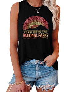 Close-up of black National Parks sleeveless vest featuring colorful mountain rainbow graphics