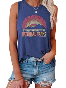 Close-up of the National Parks graphic print on a comfortable navy sleeveless tank top