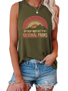 Detail of olive green tank top featuring National Parks graphic and distressed denim shorts