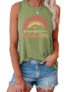 Detail of National Parks text print on olive green sleeveless summer tank top