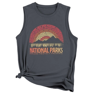 Detail of charcoal grey tank top showing national parks graphics and side knot hem design
