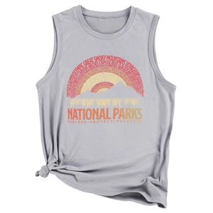Detail of light grey National Parks tank top featuring a stylish front knot and mountain graphic
