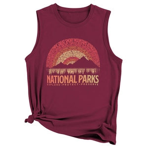 Detail of maroon National Parks tank top featuring mountain print and lower hem knot design