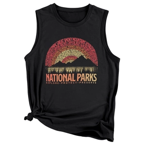 Close-up of black National Parks tank top with a stylish knot detail at the side hem
