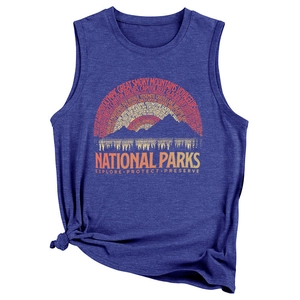 Detail of blue sleeveless tank top featuring National Parks graphic and knotted hem